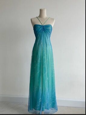 Vintage Linda Bernell Teal Beaded Halter Gown Y2K Fairy Prom 5/6